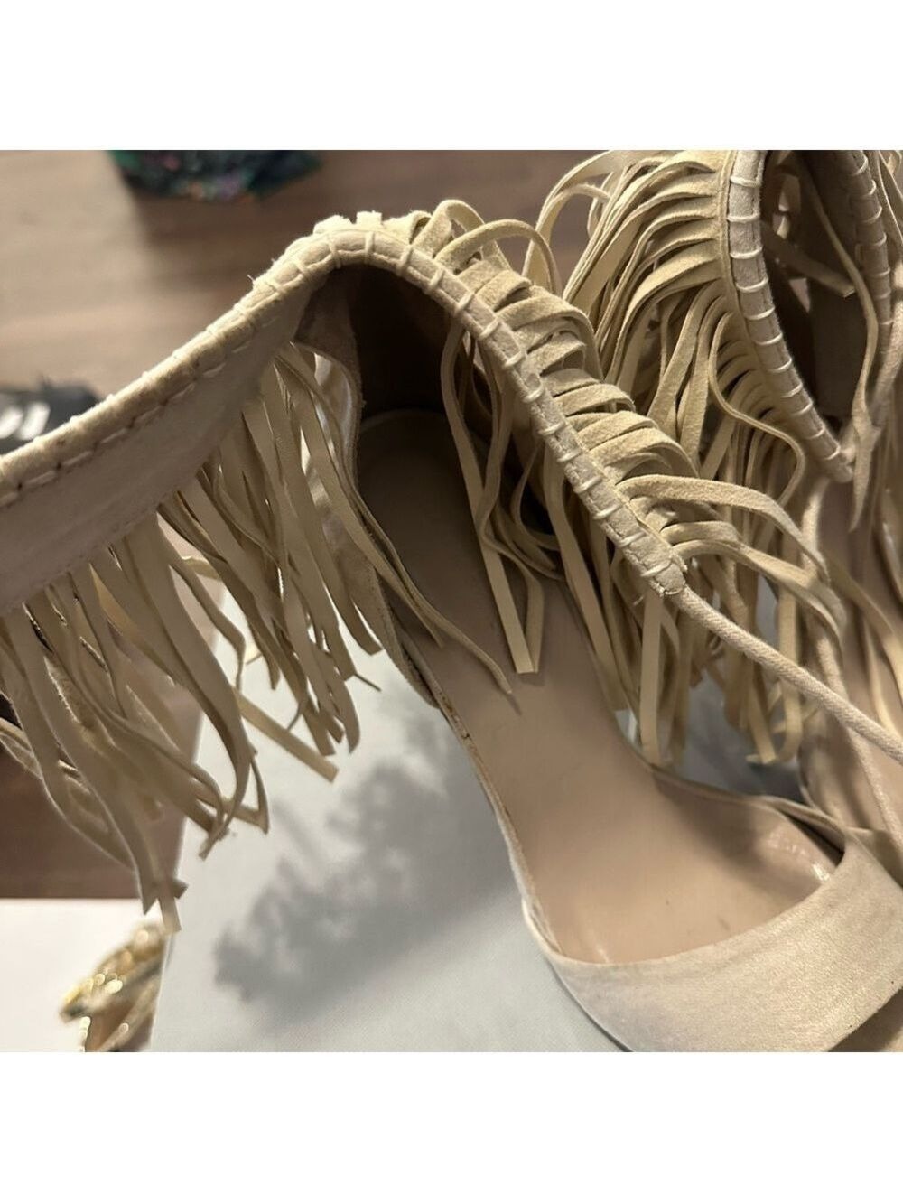 Zara Faux Suede Fringe Tassel Tie High Heel Sandals in Bone/Cream - Picture 13 of 15